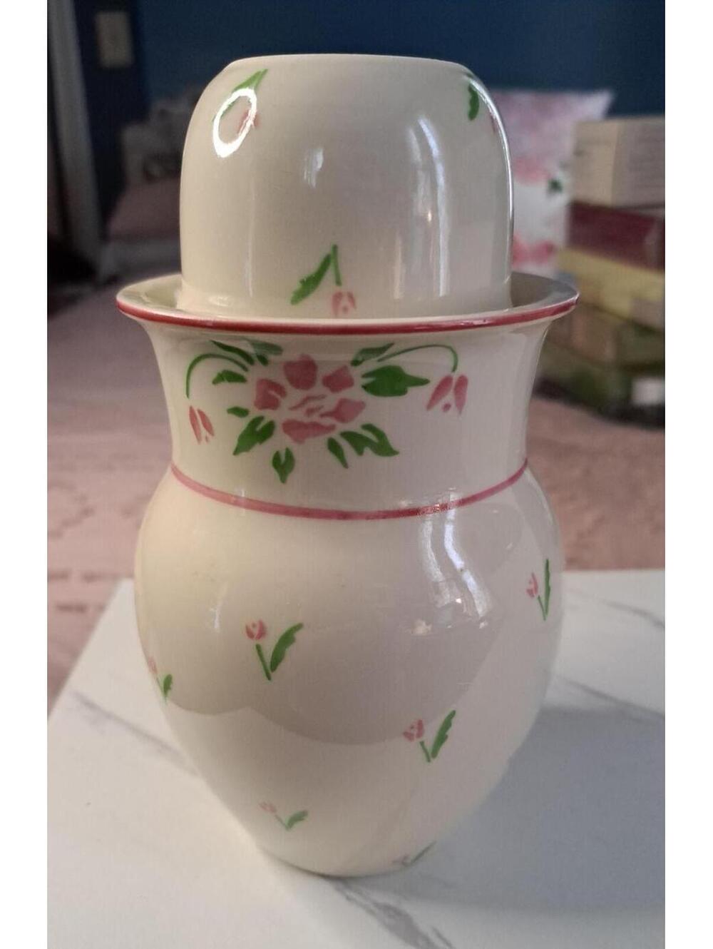 Vintage 1985 Teleflora Pink Rosebud Ceramic Tumble-up Bedside Carafe and Cup set
